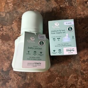 Green Sprouts Silicone Baby Pocket Bottle 0+ Months Medium Fast Flow Nipple Set